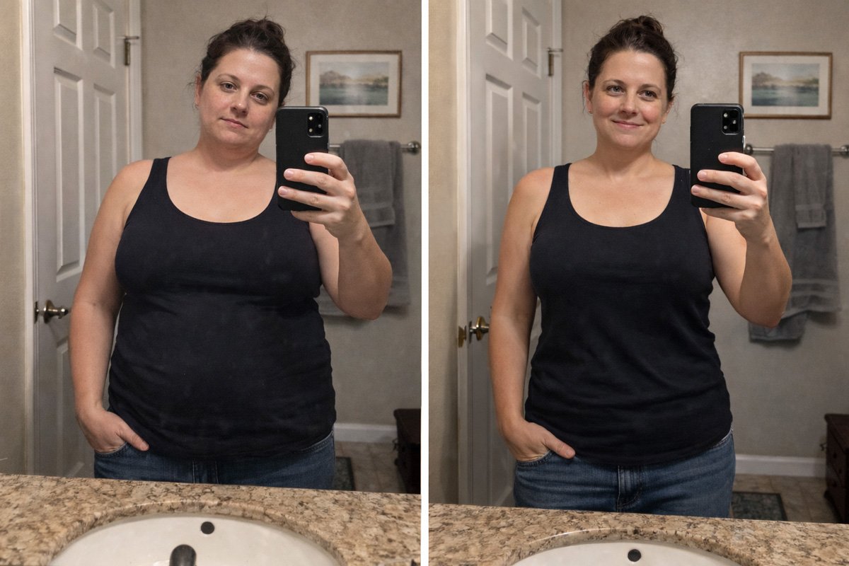 Amanda&rsquo;s before and after transformation photos showing her 38 pound weight loss over 3 months